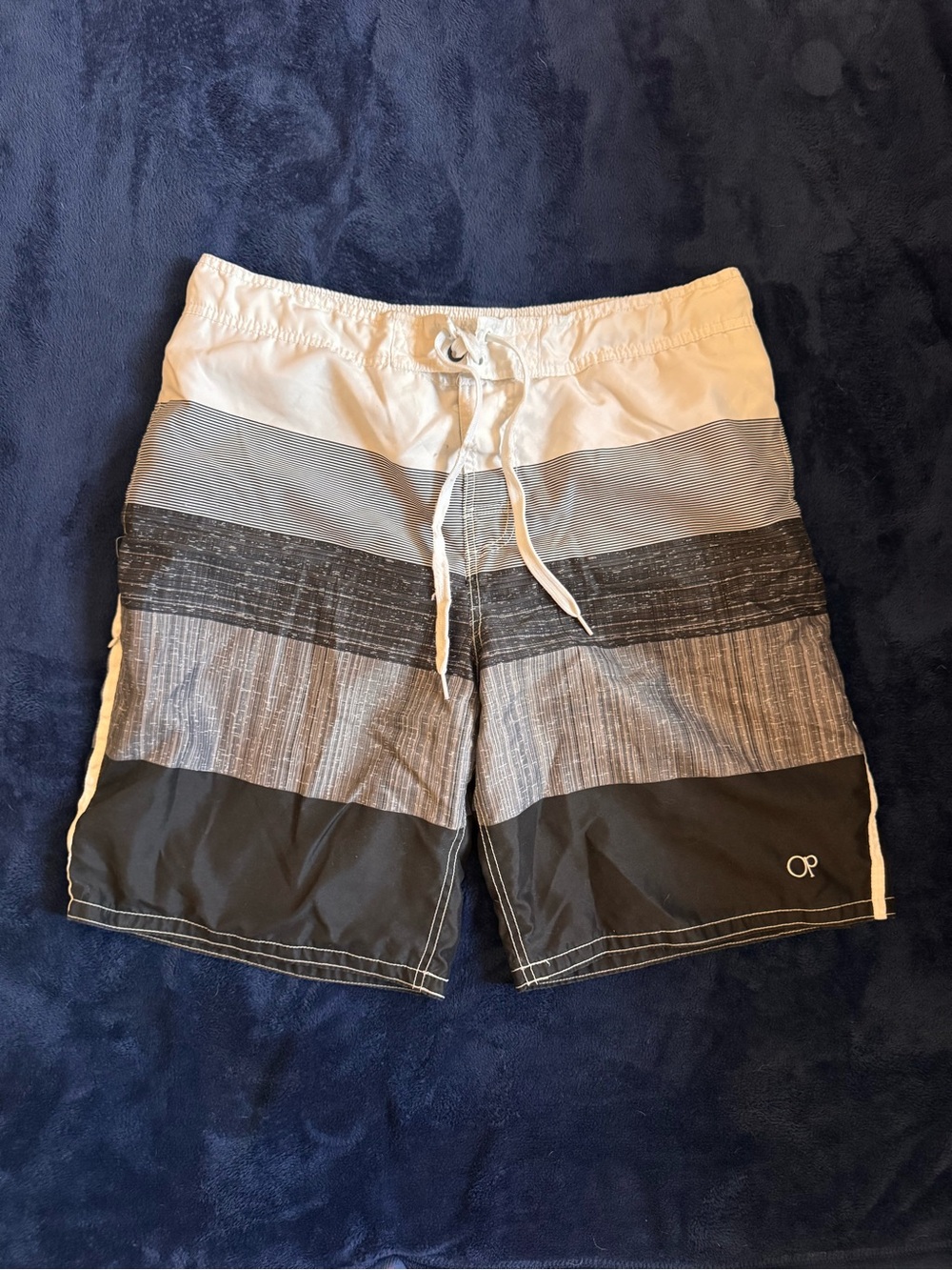 OP Men’s White, Gray & Black Striped Swim Trunks